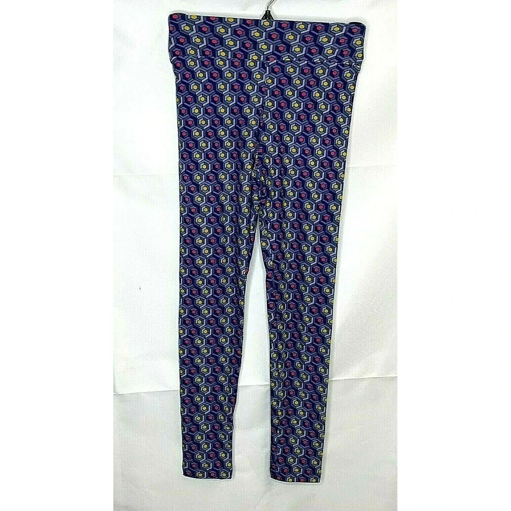 LuLaRoe Tween Kids Geometric Hexagon Leggings Blue Yellow Pink  Mod Slim Fit